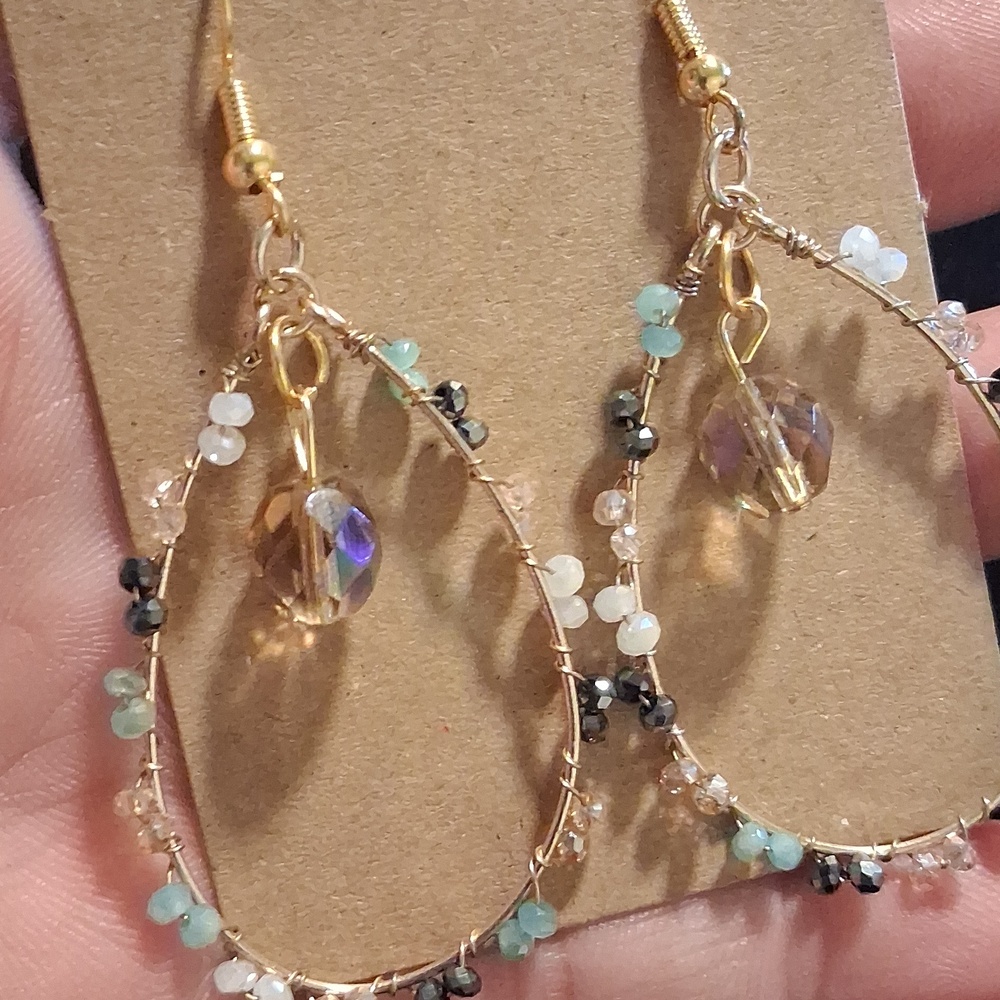 Gold and Multicolor Beaded Teardrop Earrings - Picture 2 of 6